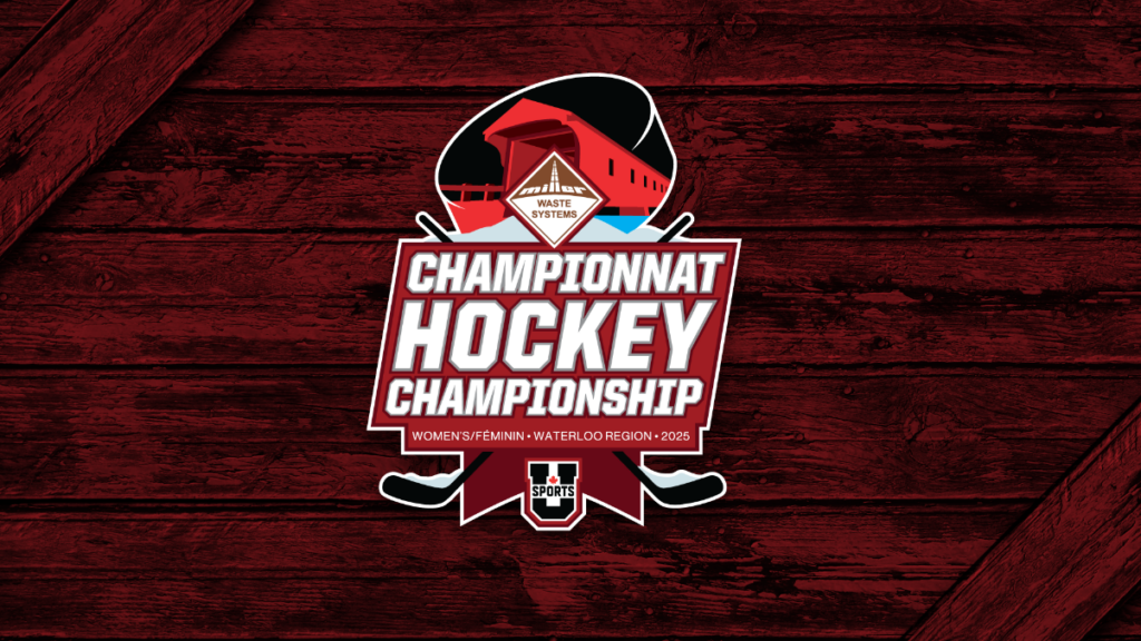 U SPORTS Women's Hockey Championship logo on a red wooden background with Miller Waste Systems logo placed at the top. 